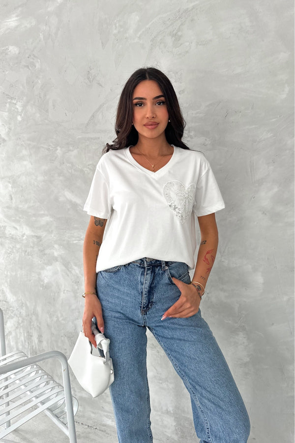 Kadın V Yaka Boncuk Ve Pul İşlemeli Kurdela Desen %100 Pamuk T-shirt - Beyaz