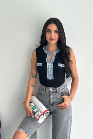 Kadın Kot Detaylı Pul Payet İşlemeli %100 Pamuk Kolsuz Triko Bluz - Siyah