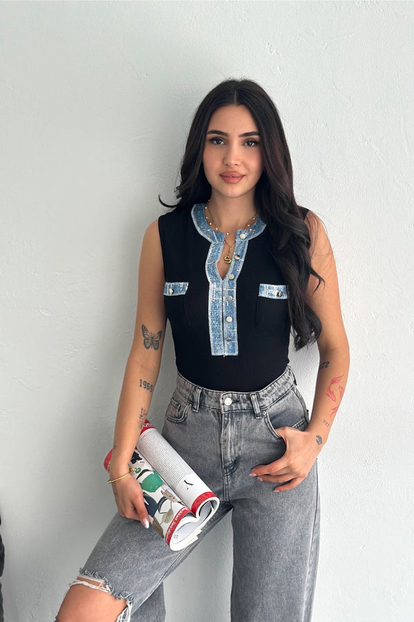 Kadın Kot Detaylı Pul Payet İşlemeli %100 Pamuk Kolsuz Triko Bluz - Siyah