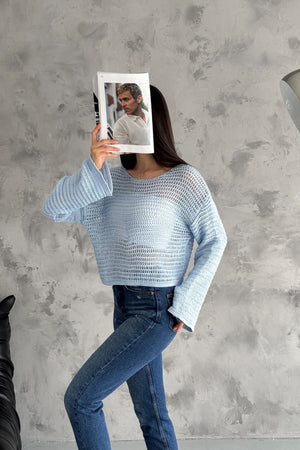 Kadın Standart Beden Uzun Kollu Ajurlu Salaş Delikli File Bluz - Mavi