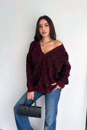 Kadın Standart Beden Leopar Desen Oversize Triko Hırka - Bordo