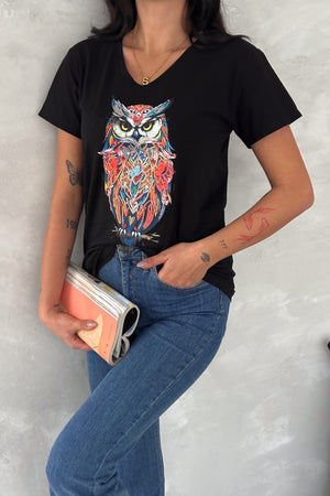 Kadın V Yaka Baykuş Pul Payet İşlemeli %100 Pamuk T-Shirt - Siyah