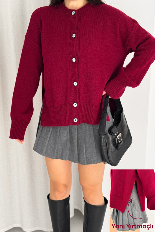 Yanı Yırtmaçlı Düğmeli Oversize Triko Hırka Standart Beden - Bordo