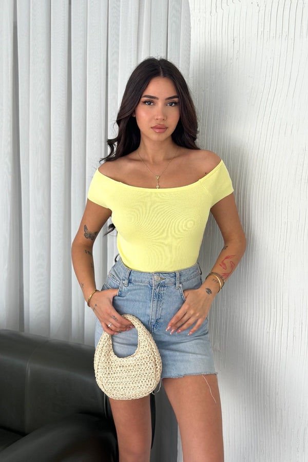 Kadın Standart Beden Triko Crop Bluz - Sarı