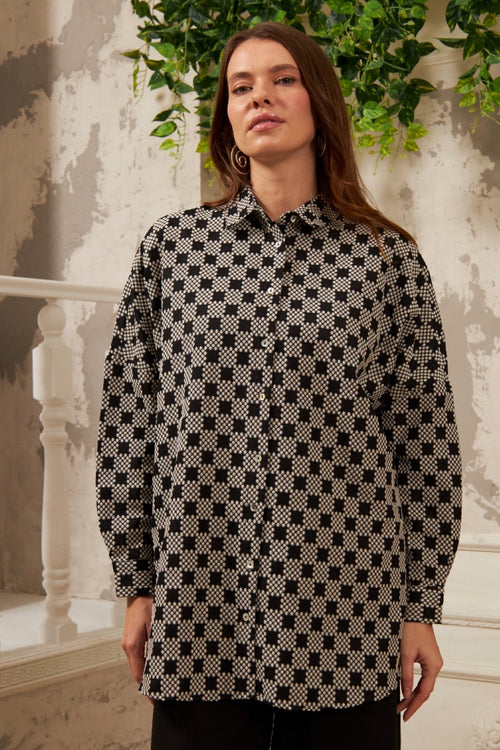 Geometrik Desenli Oversize Büyük Beden Ve Tesettüre Uygun Gömlek - Siyah