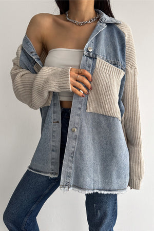 Kadın Kolları Ve Cebi Trikolu Oversize Denim Kot Garnili Hırka - Bej