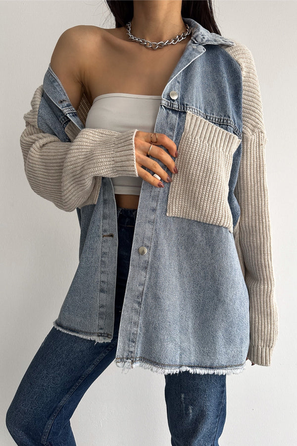 Kadın Kolları Ve Cebi Trikolu Oversize Denim Kot Garnili Hırka - Bej