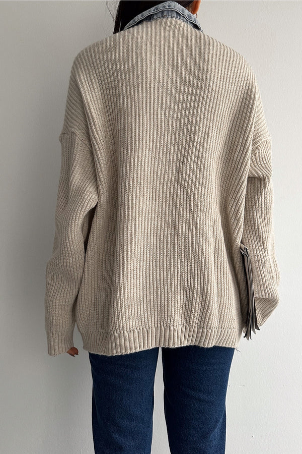 Kadın Kolları Ve Cebi Trikolu Oversize Denim Kot Garnili Hırka - Bej