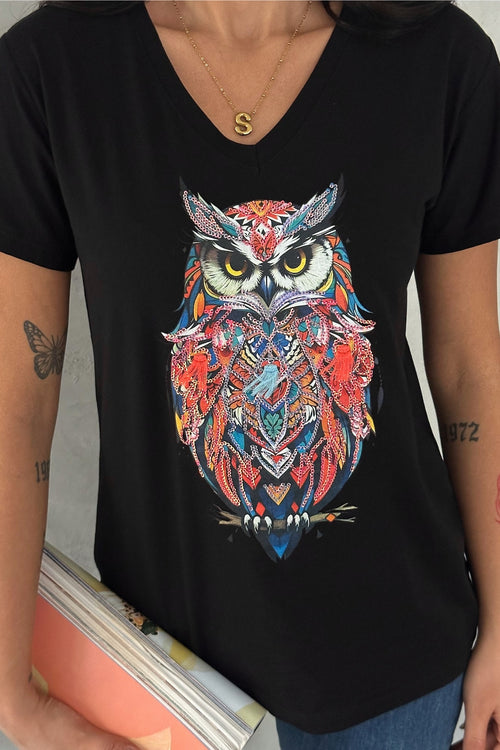 Kadın V Yaka Baykuş Pul Payet İşlemeli %100 Pamuk T-Shirt - Siyah