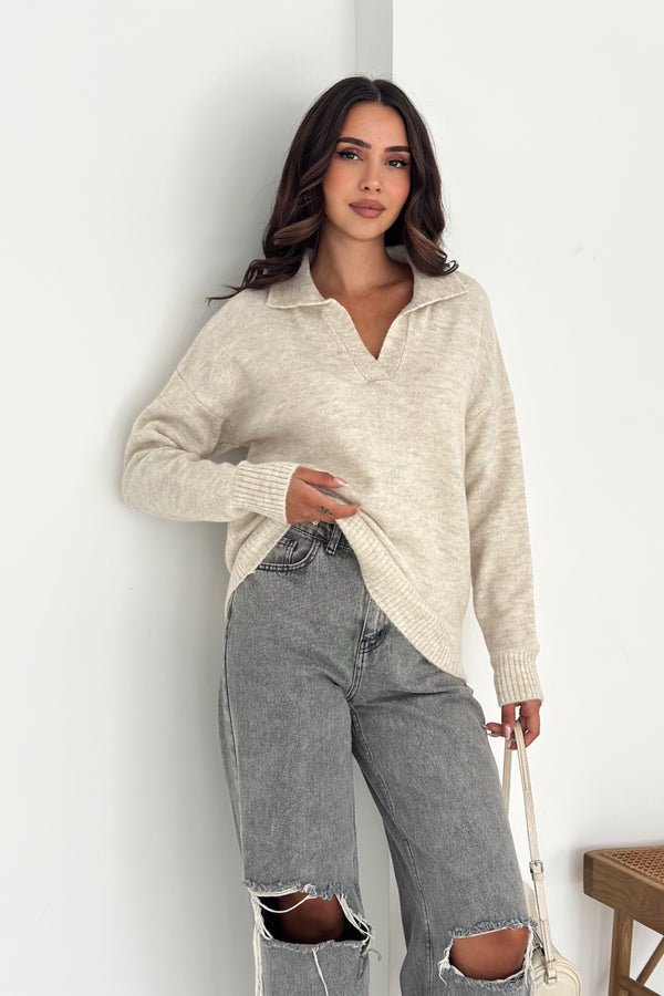 Kadın Polo Yaka Oversize Triko Kazak - Standart Beden Yumuşak Dokulu - Bej