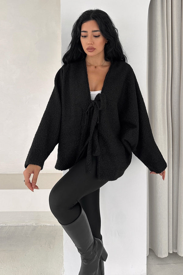 Bürümcük Bağlamalı Oversize Hırka Yarasa Kol Standart Beden - Siyah