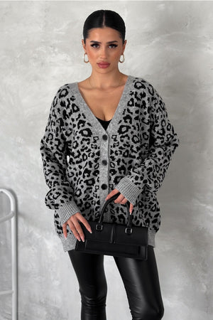 Kadın Leopar Desen Oversize Triko Hırka - Gri