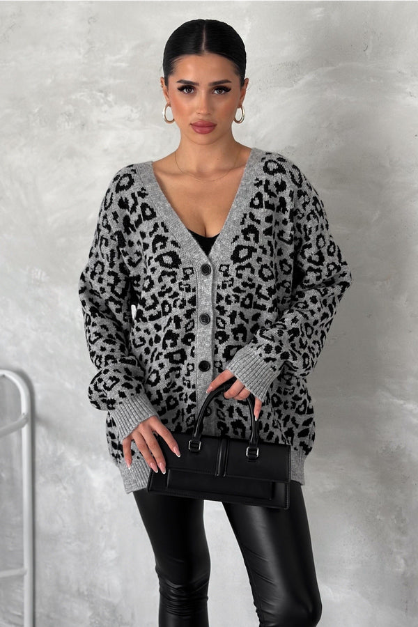 Kadın Leopar Desen Oversize Triko Hırka - Gri
