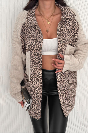 Kadın Standart Beden Kolları Ve Cebi Trikolu Oversize Hırka - Leopar