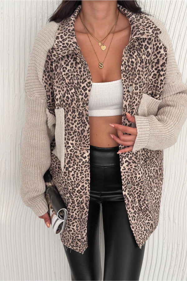 Kadın Standart Beden Kolları Ve Cebi Trikolu Oversize Hırka - Leopar