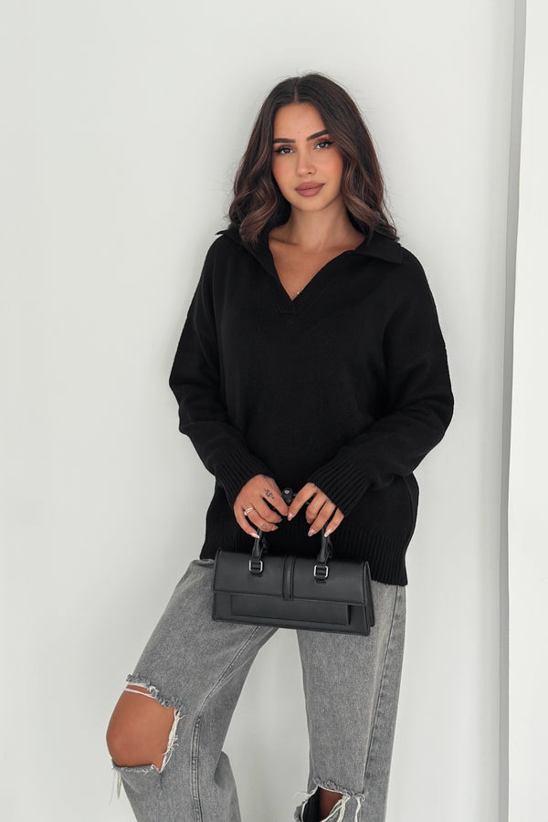 Kadın Polo Yaka Oversize Triko Kazak - Standart Beden Yumuşak Dokulu - Siyah