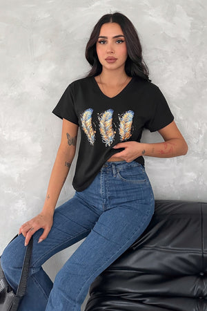 Kadın V Yaka 3 Tüy Pul Payet İşlemeli %100 Pamuk T-Shirt - Siyah