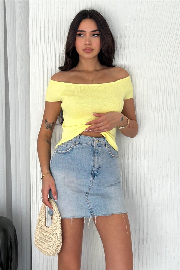 Kadın Standart Beden Triko Crop Bluz - Sarı