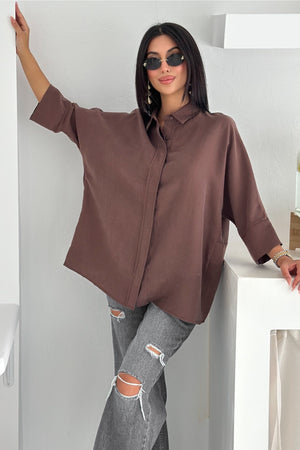Kadın Gizli Düğmeli Rahat Kalıp Yarasa Kol Salaş Kalıp Oversize - Kahverengi