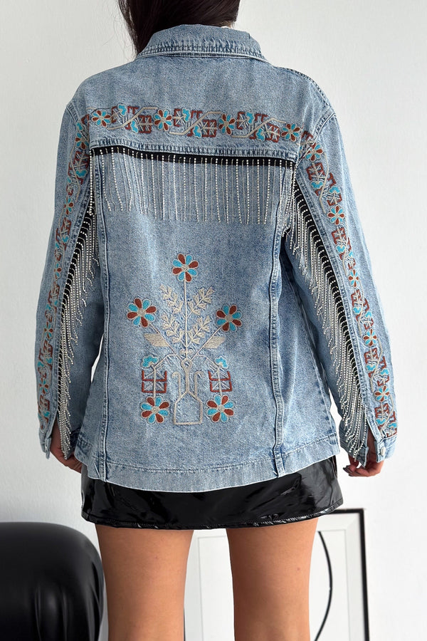 Kadın Çıtçıt Düğmeli Taş Püsküllü Komple Nakış İşlemeli Denim Ceket - Mavi