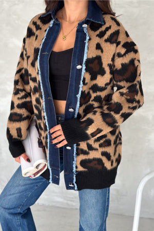Kadın Desen Standart Beden Kot Detaylı Taş Düğmeli Tasarım Oversize Triko Hırka - Leopar