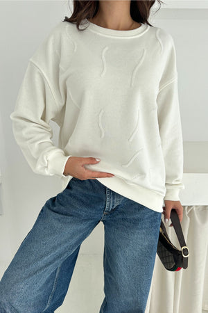 Kadın Boncuk İşlemeli %100 Pamuk Sweatshirt - Beyaz