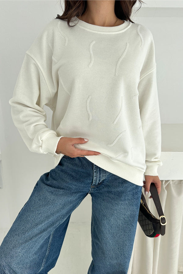 Kadın Boncuk İşlemeli %100 Pamuk Sweatshirt - Beyaz