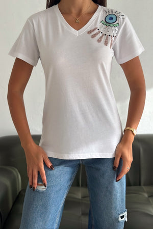 Kadın V Yaka Omzu Nakış Ve Pul Payet İşlemeli %100 Pamuk T-Shirt - Beyaz