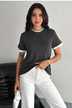 Kadın Antrasit Yuvarlak Yaka Şerit Detaylı %100 Pamuk T-shirt - Gri