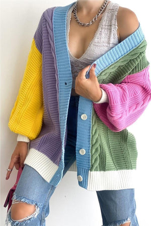 Kadın Oversize Triko Hırka Çok Renkli Salaş Blok Desenli - Sarı