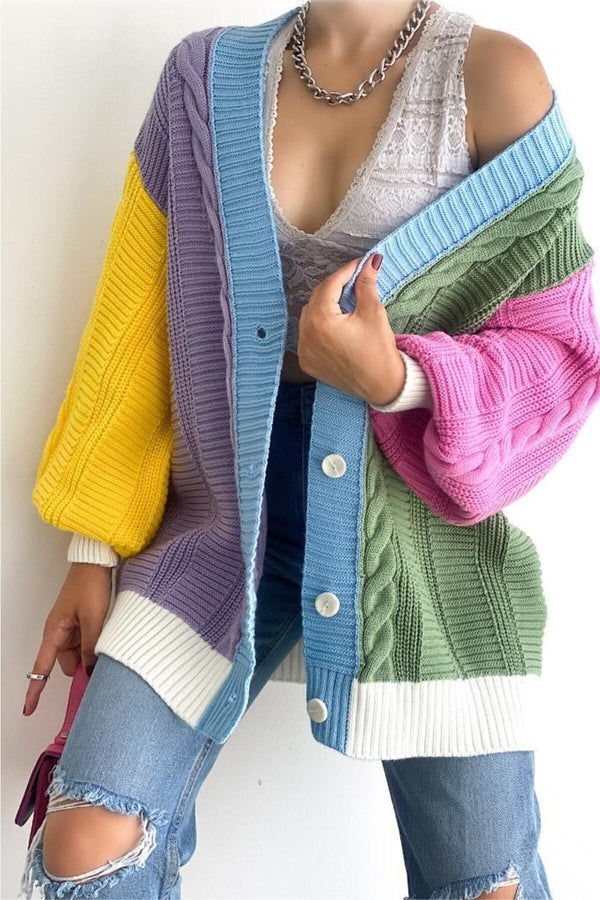 Kadın Oversize Triko Hırka Çok Renkli Salaş Blok Desenli - Sarı