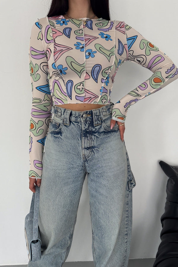 Kadın Desenli Crop Bluz - Krem