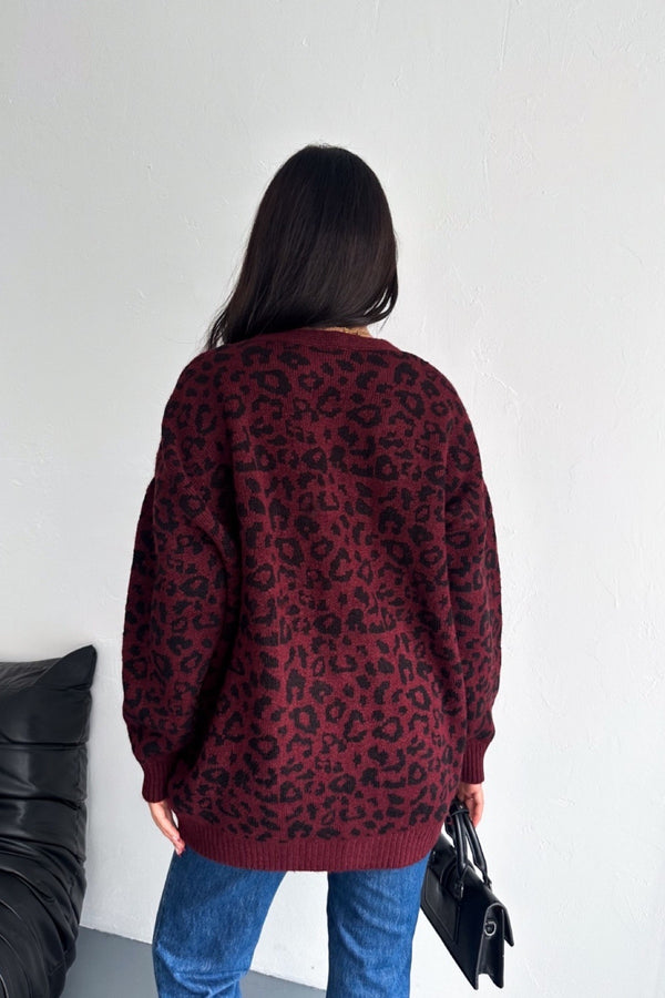 Kadın Standart Beden Leopar Desen Oversize Triko Hırka - Bordo