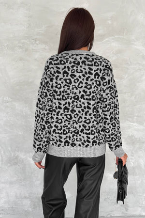 Kadın Standart Beden Leopar Desen Oversize Triko Kazak - Gri
