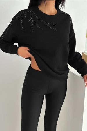 Boncuk Ve Pul İşlemeli %100 Pamuk Sweatshirt - Siyah