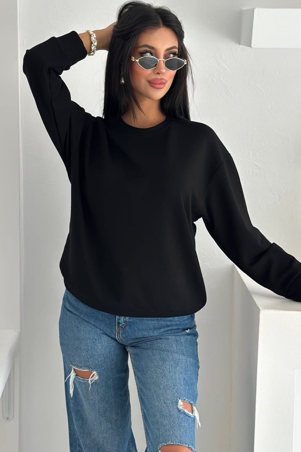 Modal Kumaş Basic Sweatshirt - Siyah