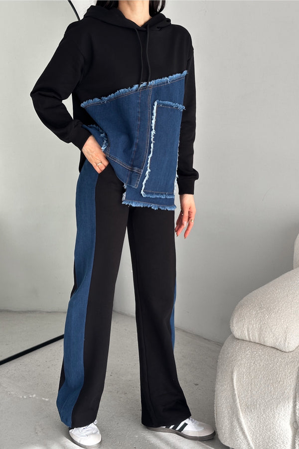 Denim Kot Garnili Kapüşonlu Eşofman Takımı - Siyah
