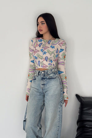 Kadın Desenli Crop Bluz - Krem