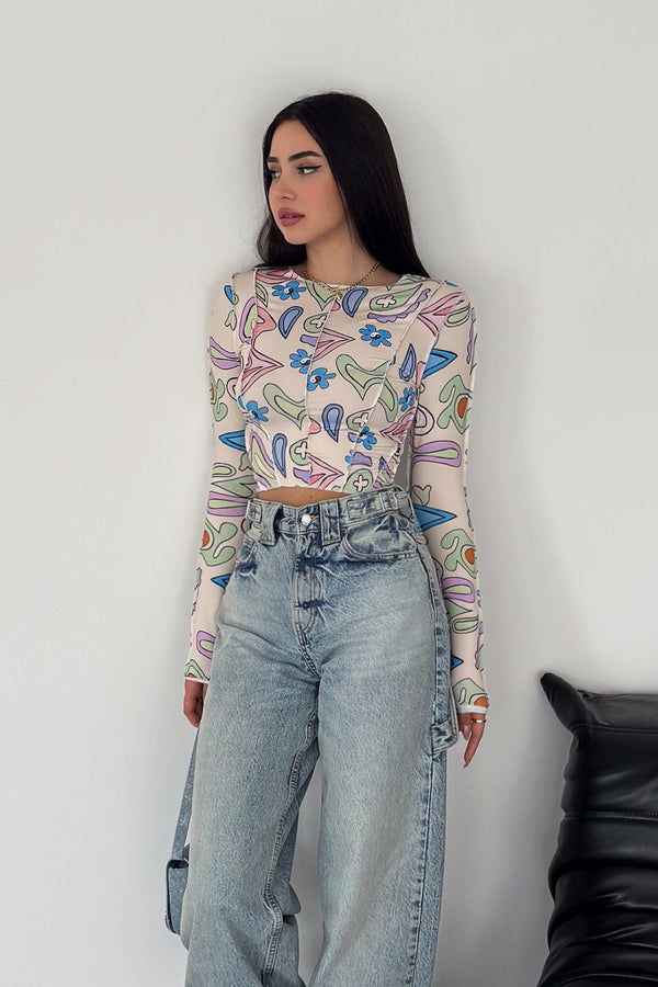Kadın Desenli Crop Bluz - Krem
