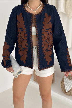 Kadın Lacivert Vintage Nakışlı Kot Denim Ceket - Kahverengi