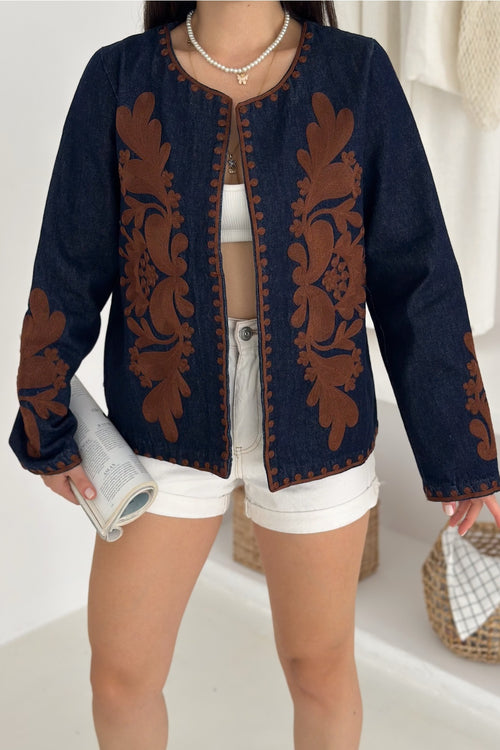 Kadın Lacivert Vintage Nakışlı Kot Denim Ceket - Kahverengi