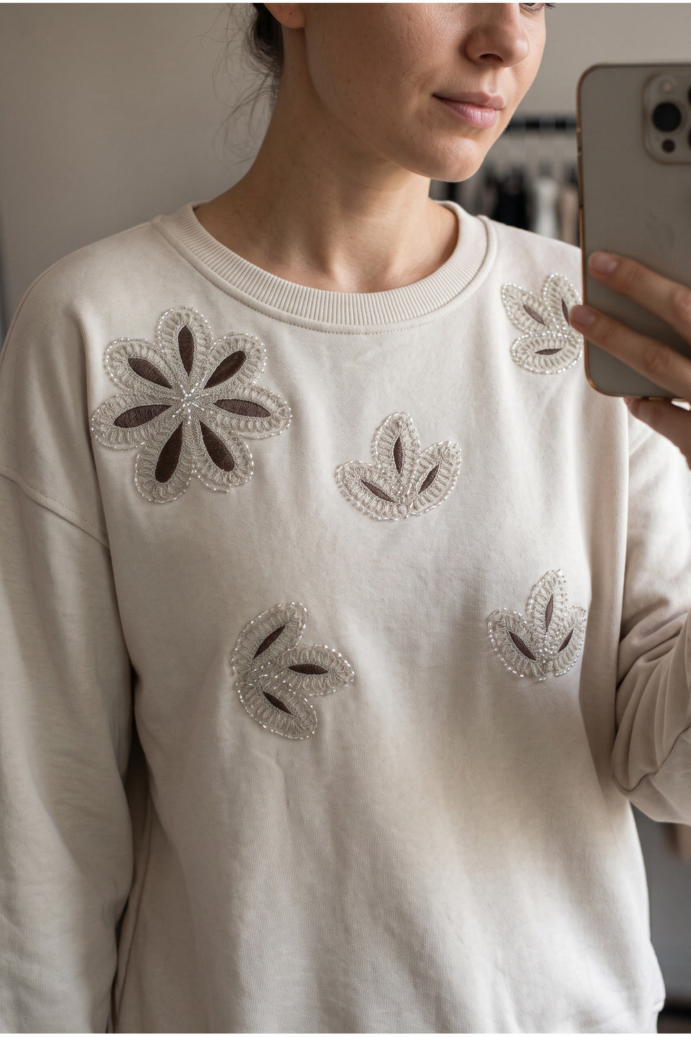 Nakışlı Boncuk İşlemeli %100 Pamuk Sweatshirt - Bej