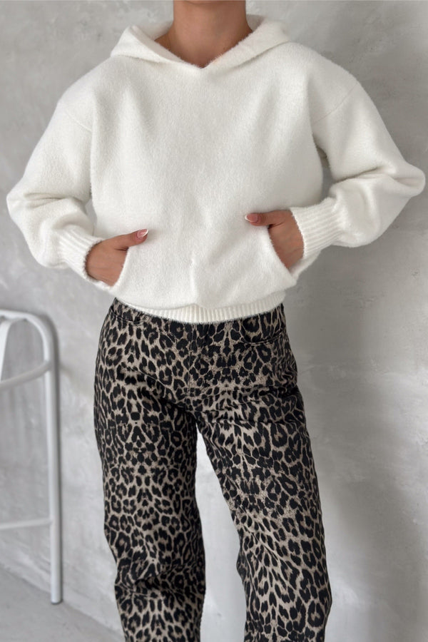 Kadın Standart Beden Kapüşonlu Peluş Triko Sweatshirt - Beyaz