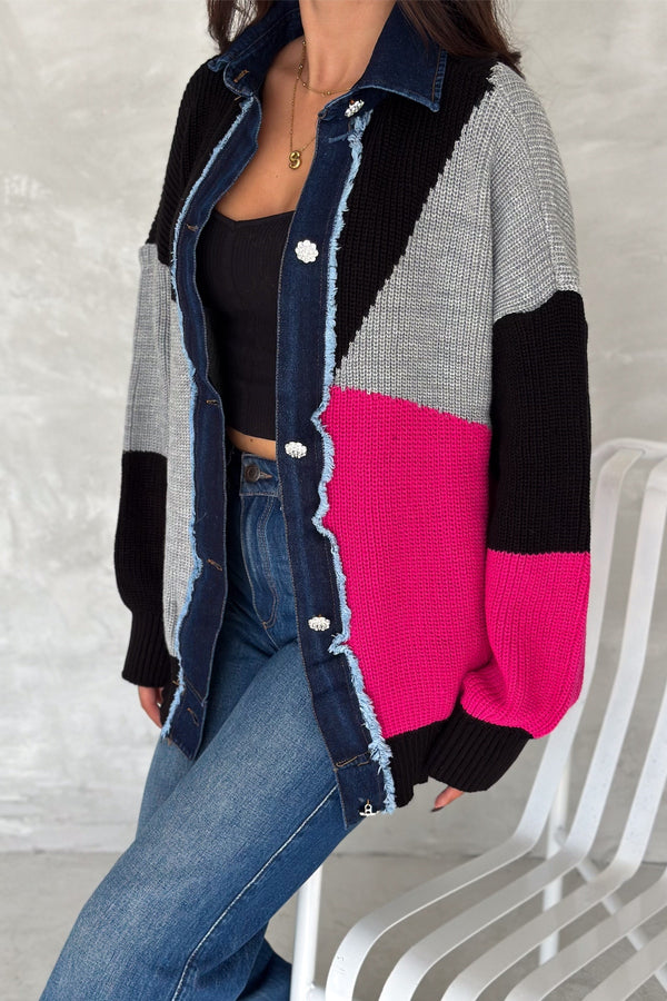 Kadın Pembe Standart Beden Taş Düğmeli Kot Detaylı Tasarım Oversize Triko Hırka - Çok Renkli