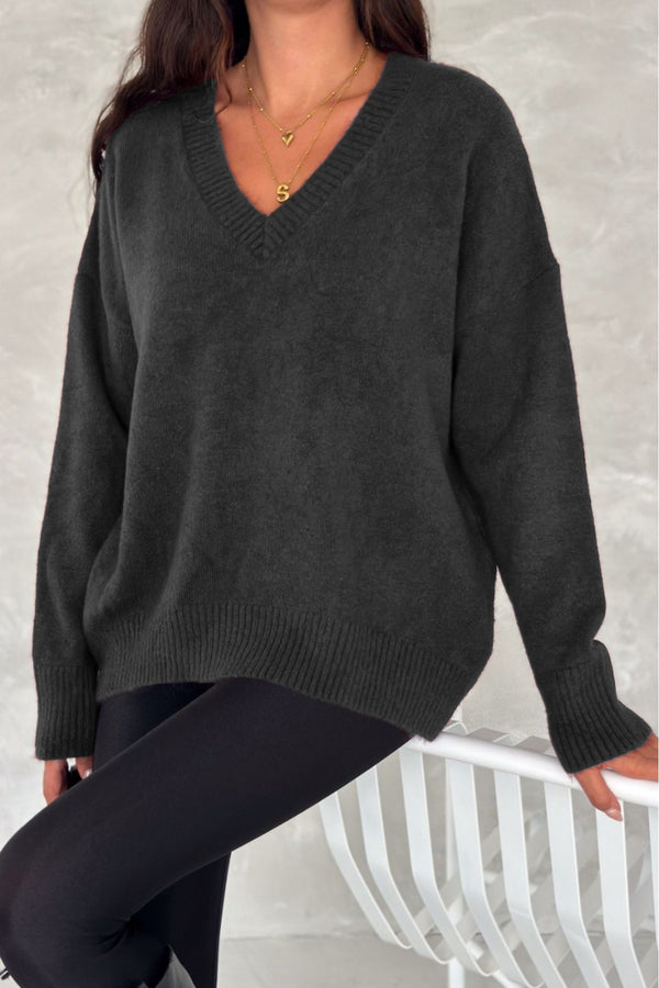 Kadın V Yaka Standart Beden Oversize Basic Triko Kazak - Antrasit