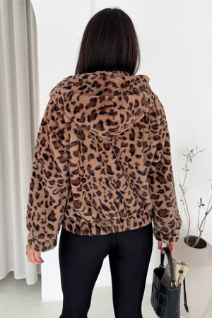 Leopar Fermuarlı Kapüşonlu İçi Astarlı Peluş Kürk Mont - Çok Renkli