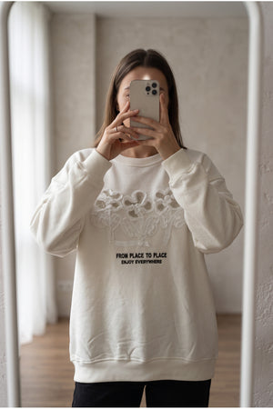 Nakış Ve Boncuk İşlemeli %100 Pamuk Sweatshirt - Beyaz