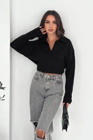 Kadın Polo Yaka Oversize Triko Kazak - Standart Beden Yumuşak Dokulu - Siyah