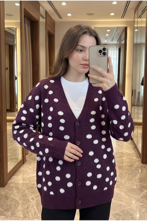 Puantiyeli Oversize Triko Hırka Standart Beden - Mürdüm