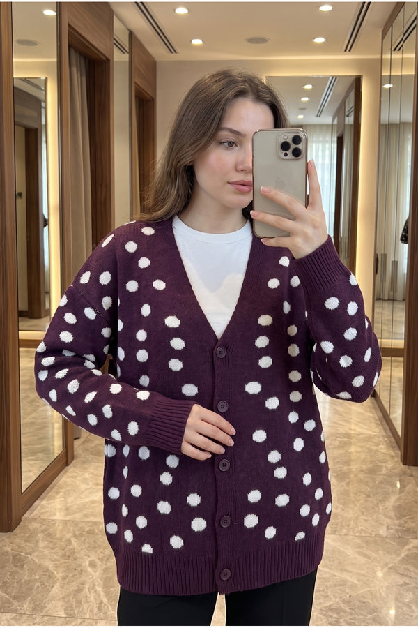 Puantiyeli Oversize Triko Hırka Standart Beden - Mürdüm